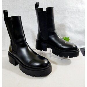 H&M Womens Black‎ Leather Pull On Ankle Boots Chunky Heels Round Toe Size 39/8